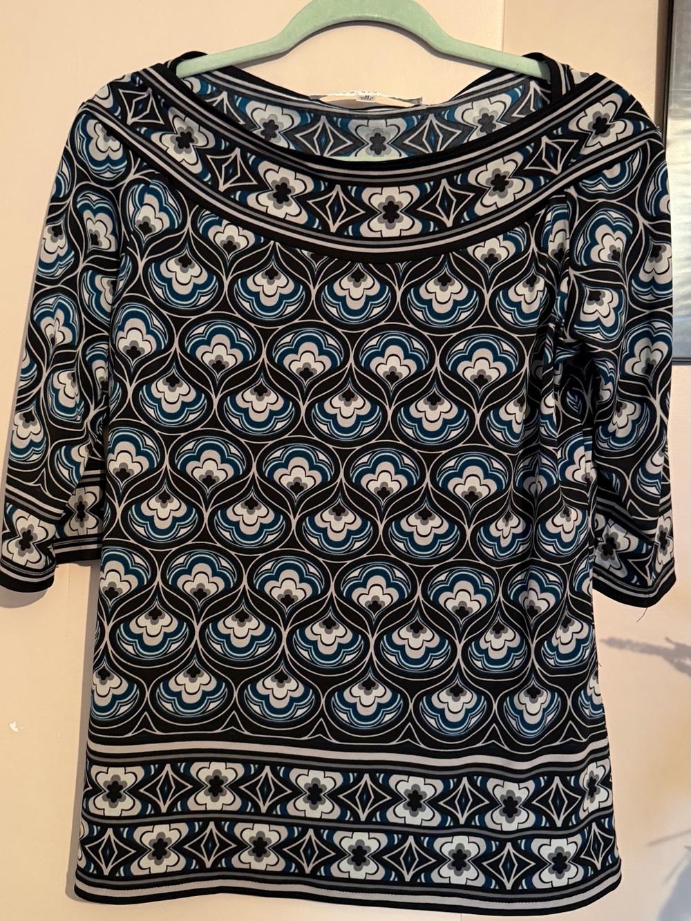 Max Studio Black, White & Blue Geometric Boatneck Tunic